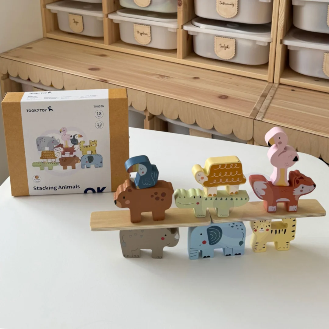 TOOKY TOY Drewniane Klocki Układanka Wieża Stacker Stosy Zwierzątka Montessori