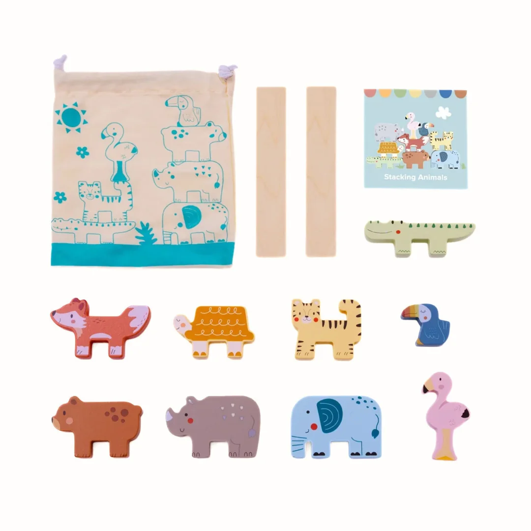 TOOKY TOY Drewniane Klocki Układanka Wieża Stacker Stosy Zwierzątka Montessori