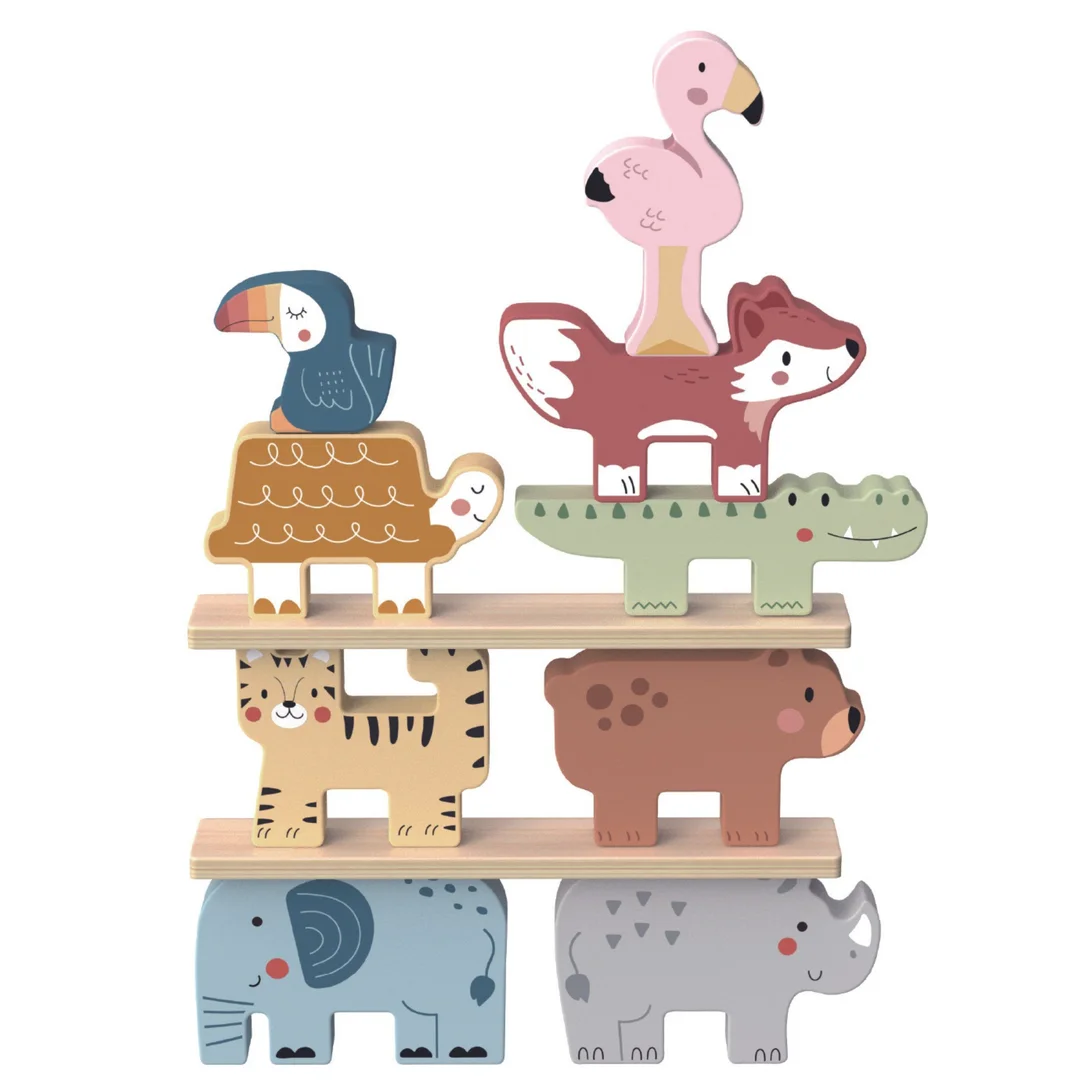 TOOKY TOY Drewniane Klocki Układanka Wieża Stacker Stosy Zwierzątka Montessori