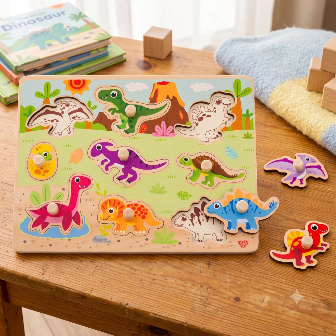 TOOKY TOY Drewniane Puzzle Montessori Układanka Dinozaury Kształty