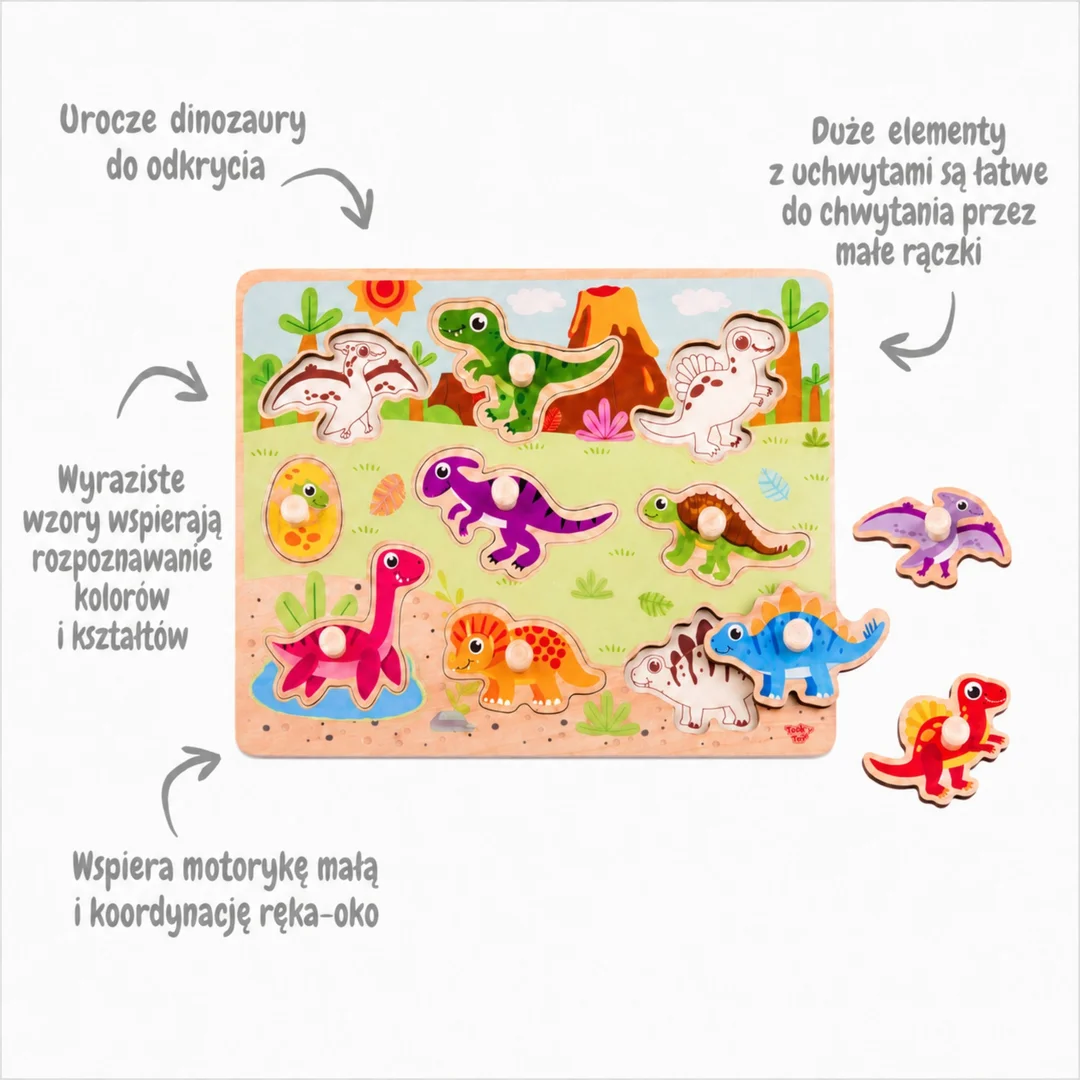 TOOKY TOY Drewniane Puzzle Montessori Układanka Dinozaury Kształty