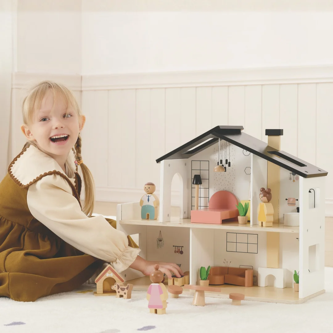 TOOKY TOY Drewniany Domek dla Lalek z Akcesoriami i Rodzinką