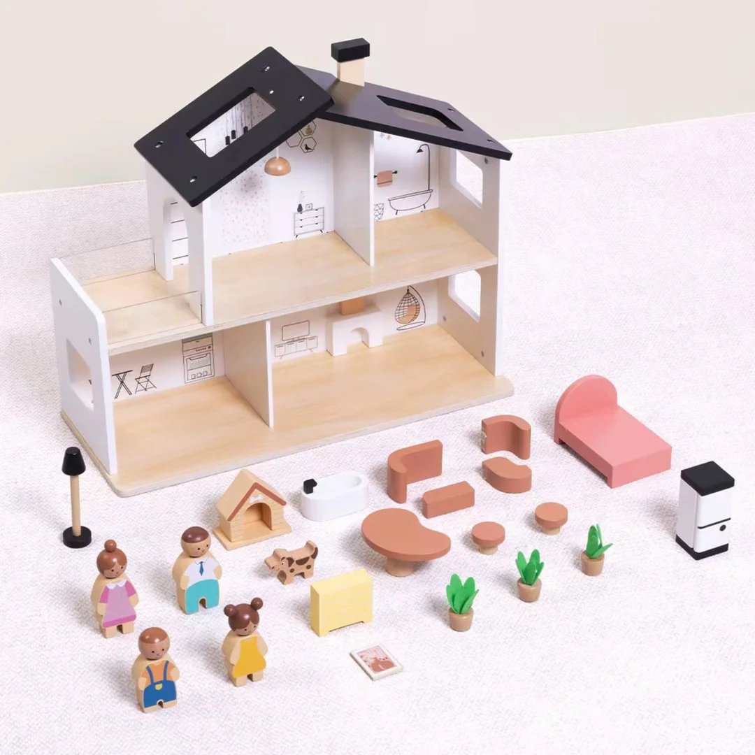 TOOKY TOY Drewniany Domek dla Lalek z Akcesoriami i Rodzinką