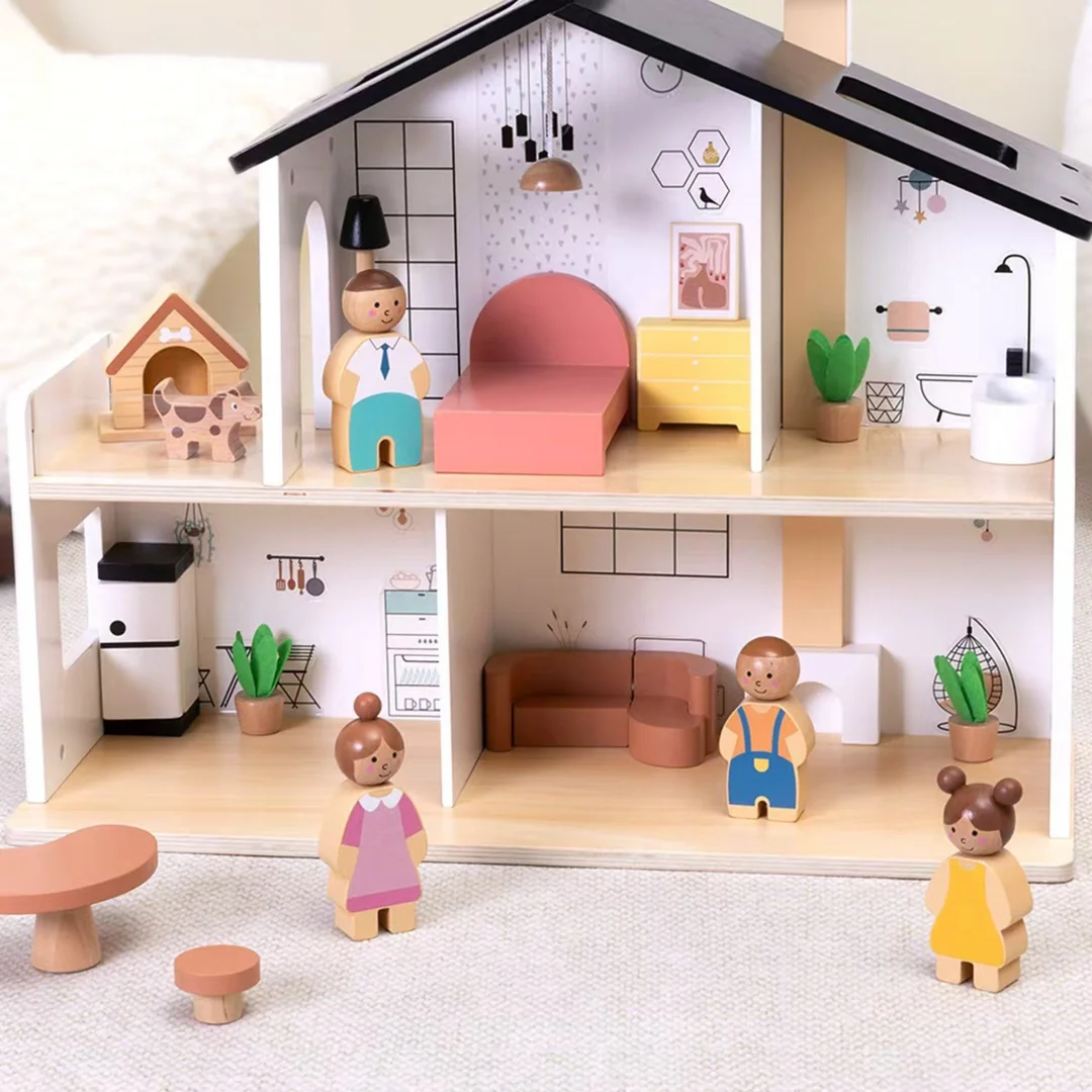TOOKY TOY Drewniany Domek dla Lalek z Akcesoriami i Rodzinką