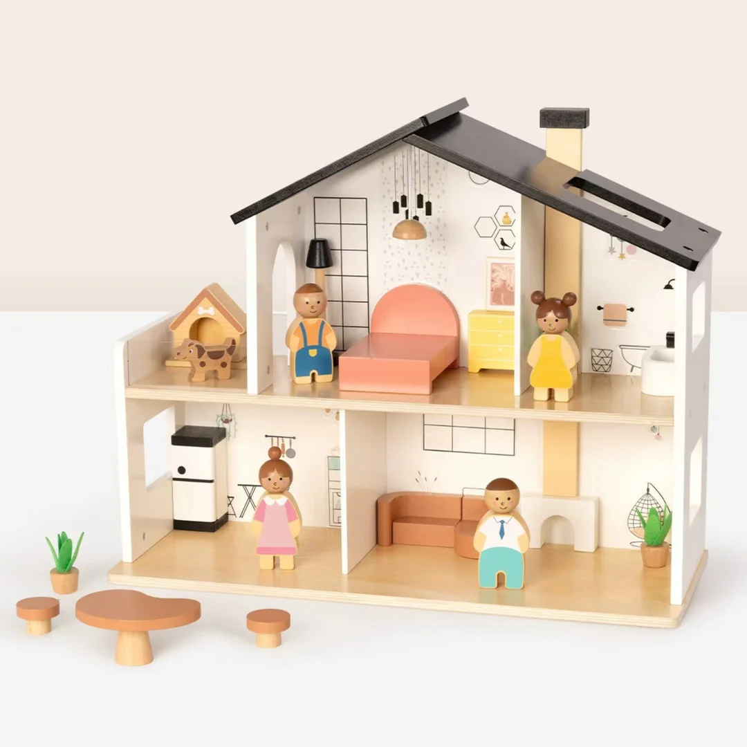 TOOKY TOY Drewniany Domek dla Lalek z Akcesoriami i Rodzinką