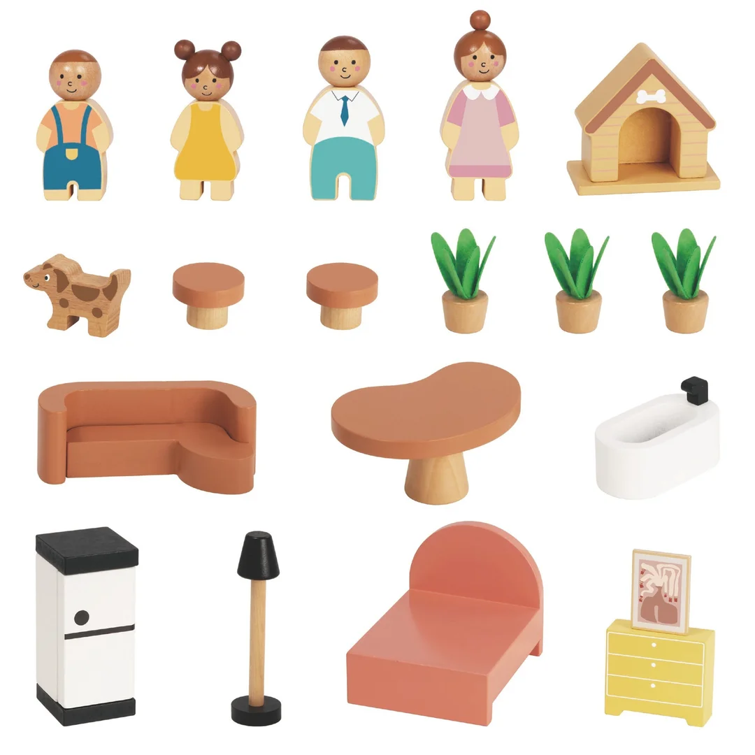 TOOKY TOY Drewniany Domek dla Lalek z Akcesoriami i Rodzinką