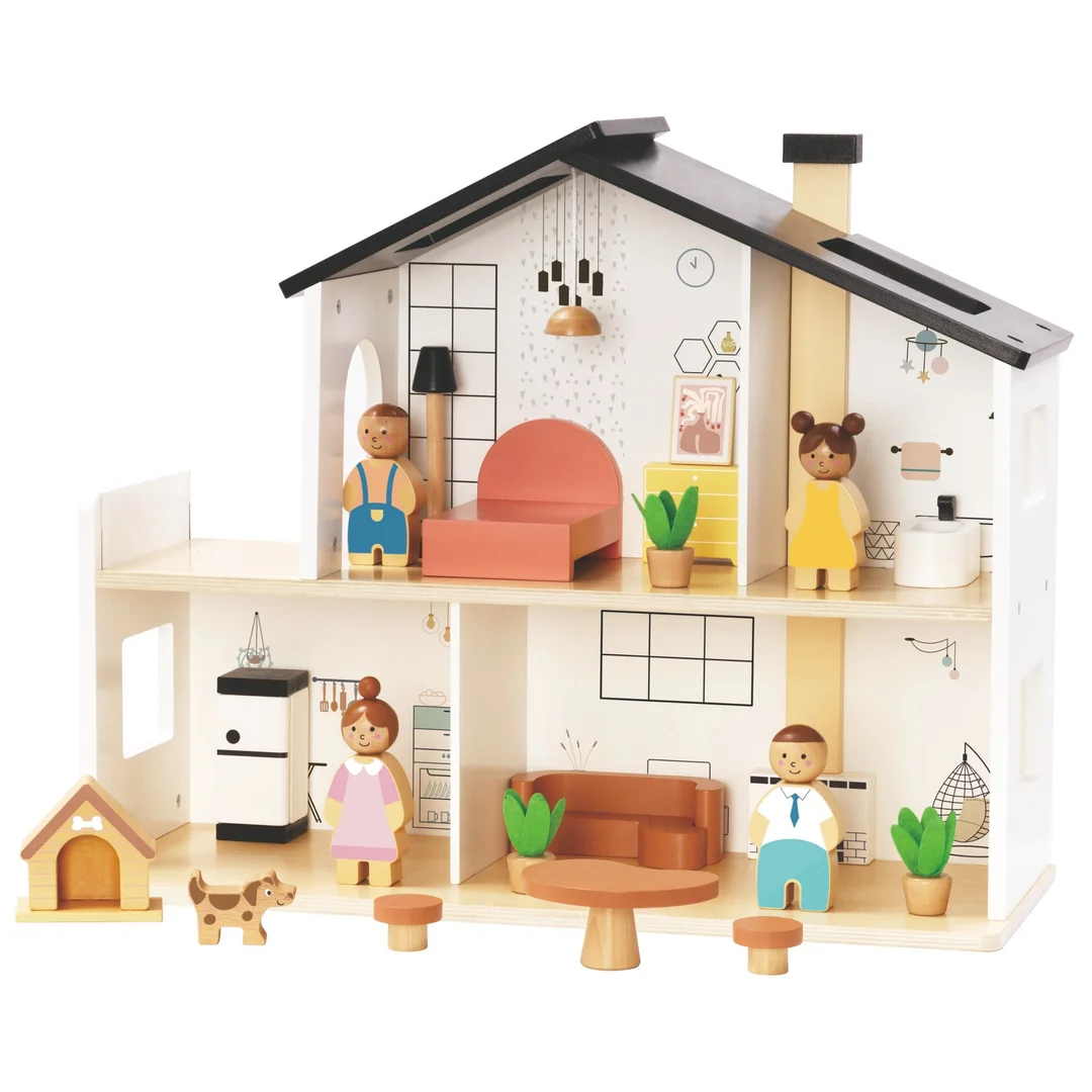 TOOKY TOY Drewniany Domek dla Lalek z Akcesoriami i Rodzinką
