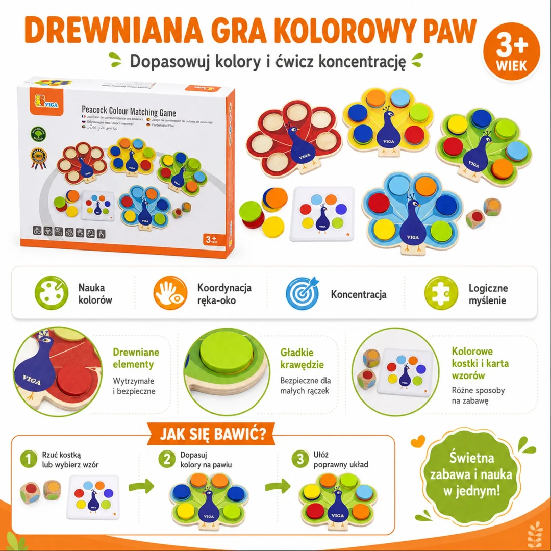VIGA Drewniana Gra Dopasuj Kolory Pawi Ogon Montessori Karty