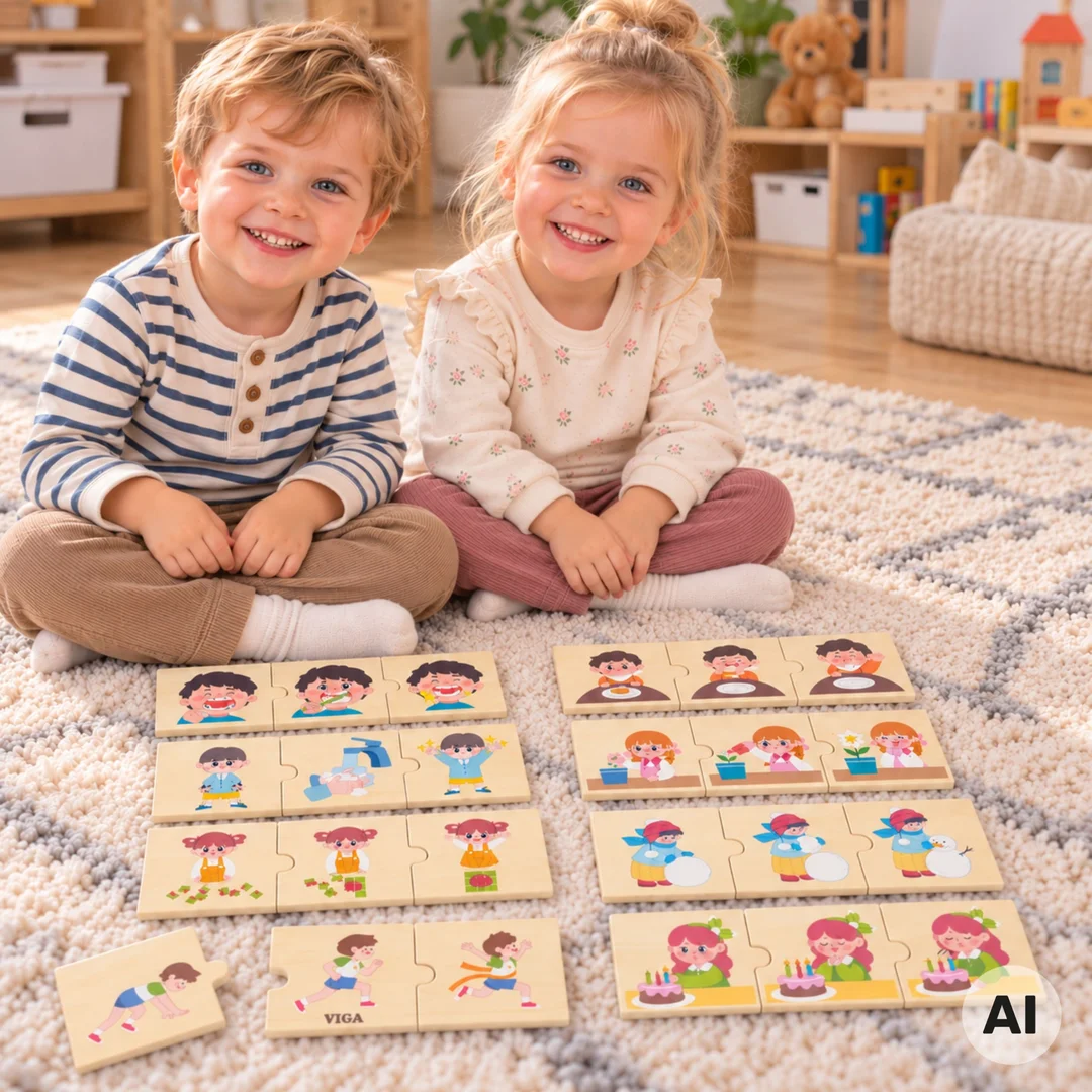 VIGA Drewniana Układanka Puzzle Dopasuj Czynności Dzieci