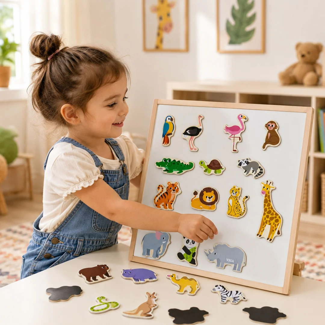 VIGA Drewniane Magnesy Dzikie Zwierzęta Kolorowe Magnesy Edukacyjne