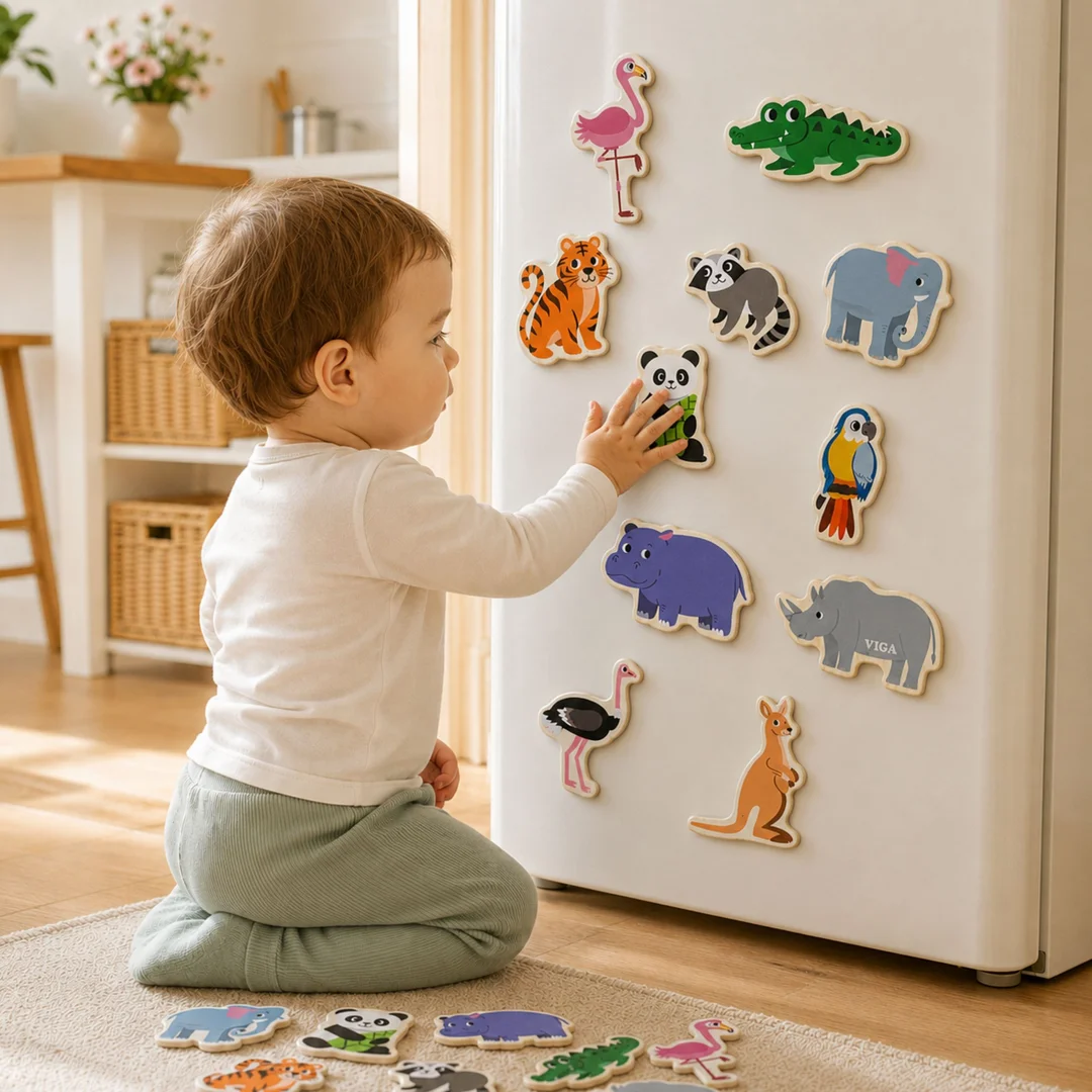 VIGA Drewniane Magnesy Dzikie Zwierzęta Kolorowe Magnesy Edukacyjne