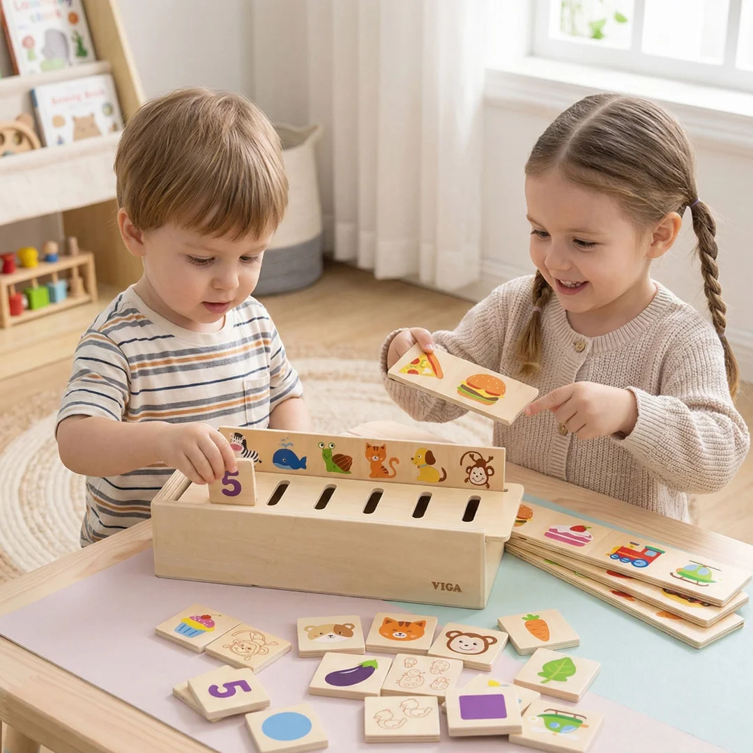VIGA Drewniany Edukacyjny Sorter Gra Zwierzątka Owoce Warzywa Montessori