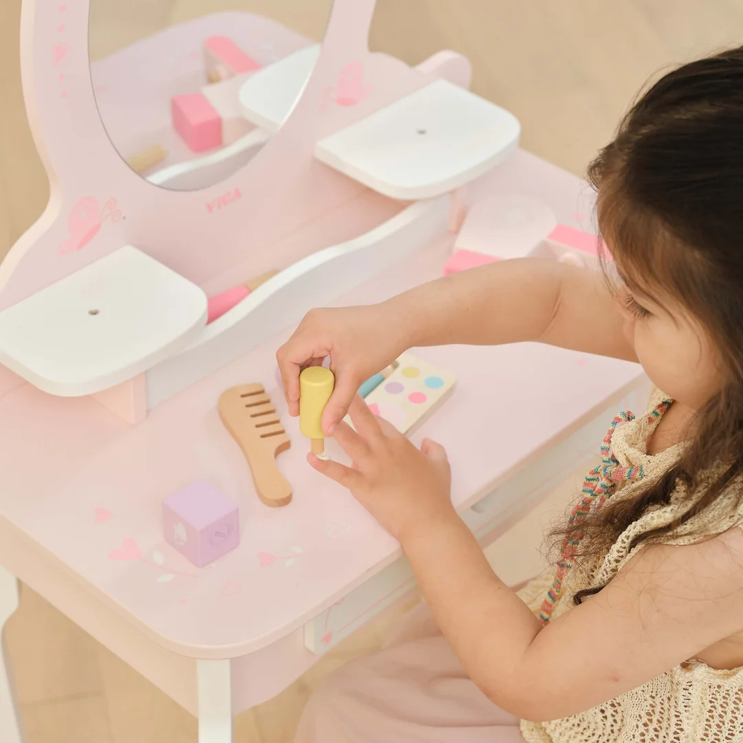 VIGA Duża Toaletka Drewniana Biało Różowa z Lustrem i Krzesełkiem