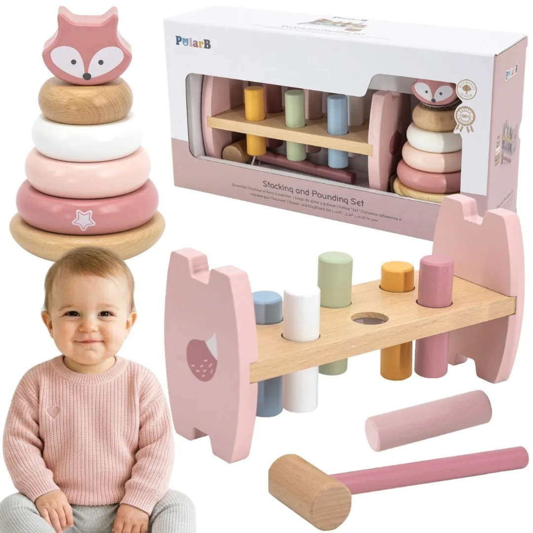 VIGA PolarB Zestaw Drewniana Piramidka Przebijanka z Młoteczkiem Lisek Montessori