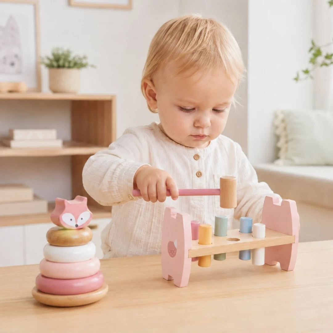 VIGA PolarB Zestaw Drewniana Piramidka Przebijanka z Młoteczkiem Lisek Montessori