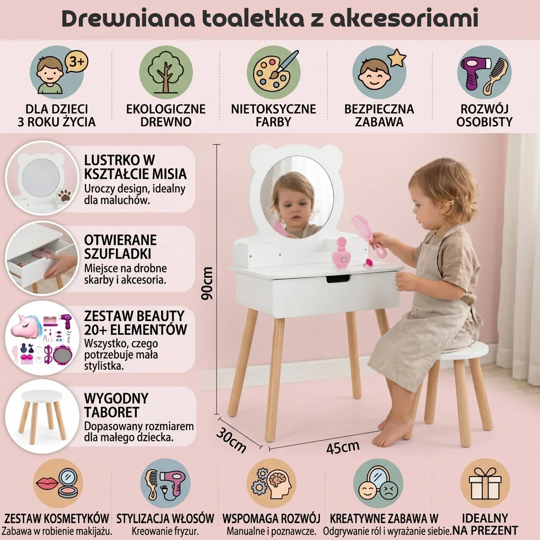 VIGA Toaletka Kosmetyczna Drewniana dla Dzieci Biała z Lustrem Torebka