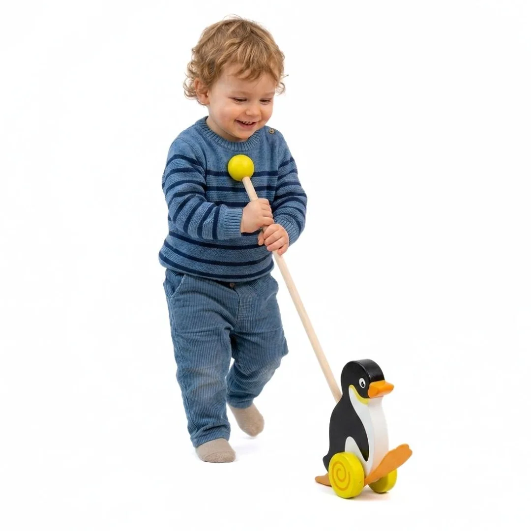 VIGA TOYS Drewniany Pchacz Pingwin Zabawka na Kiju do Pchania na Roczek