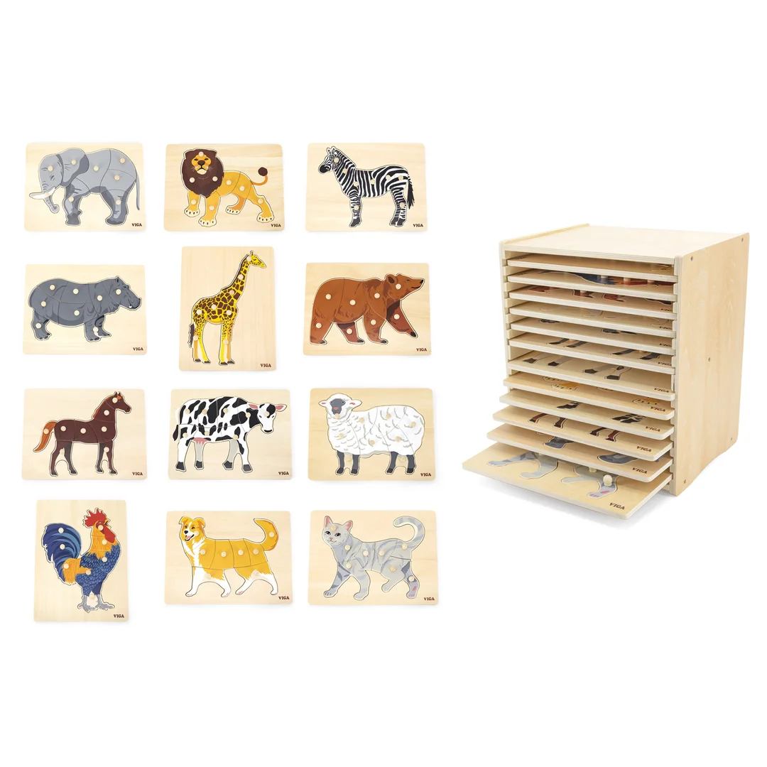 VIGA Zestaw Puzzle Drewniane Układanek Zwierzątka Montessori Stojak