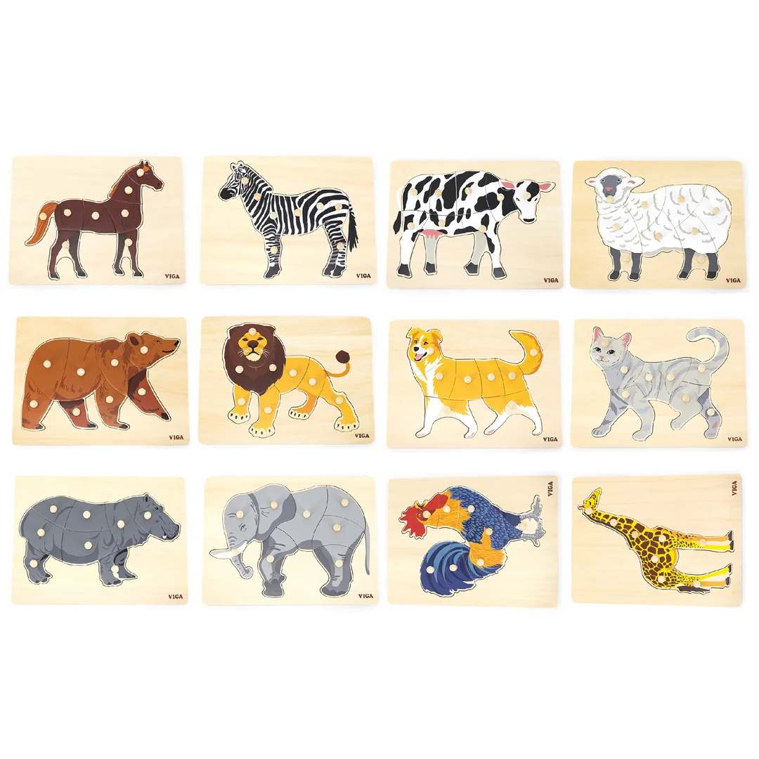 VIGA Zestaw Puzzle Drewniane Układanek Zwierzątka Montessori Stojak