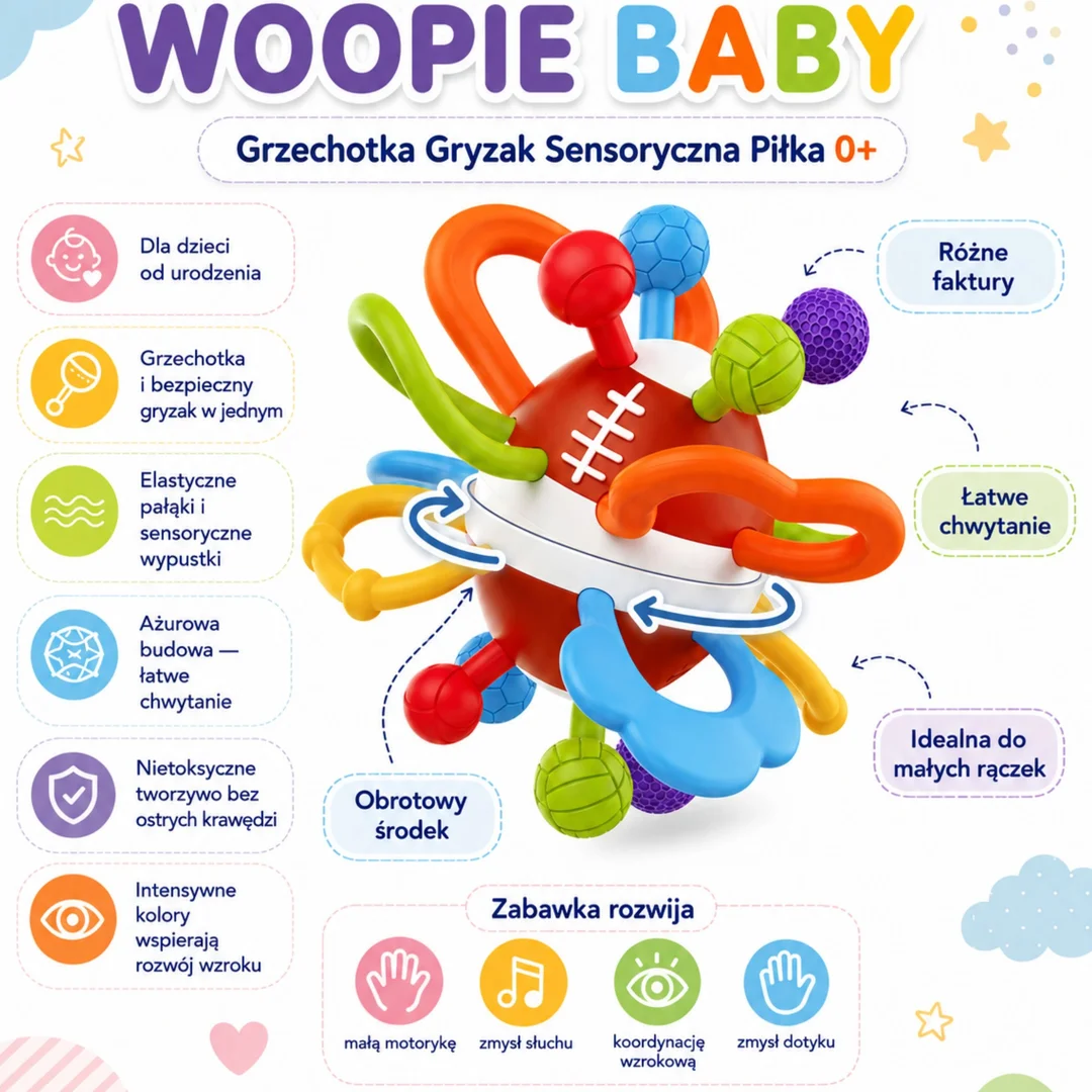 WOOPIE BABY Grzechotka Gryzak Sensoryczny Piłka dla Niemowląt Edukacyjna Miękka