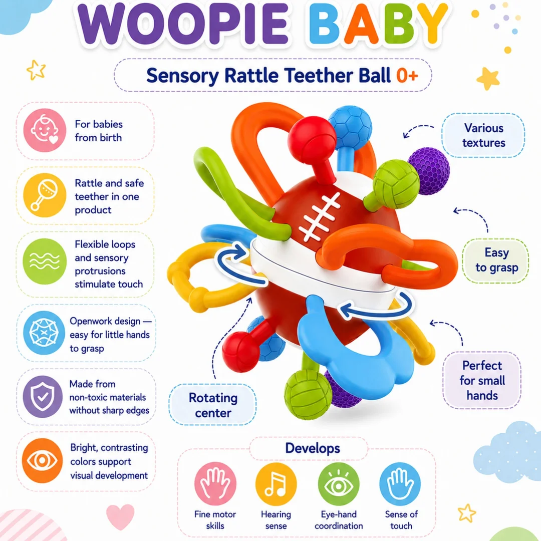 WOOPIE BABY Grzechotka Gryzak Sensoryczny Piłka dla Niemowląt Edukacyjna Miękka