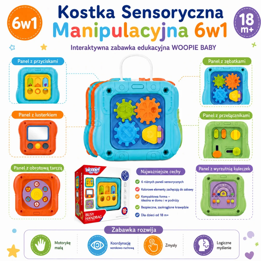 WOOPIE BABY Kostka Sensoryczna Manipulacyjna Edukacyjna Zabawka Interaktywna