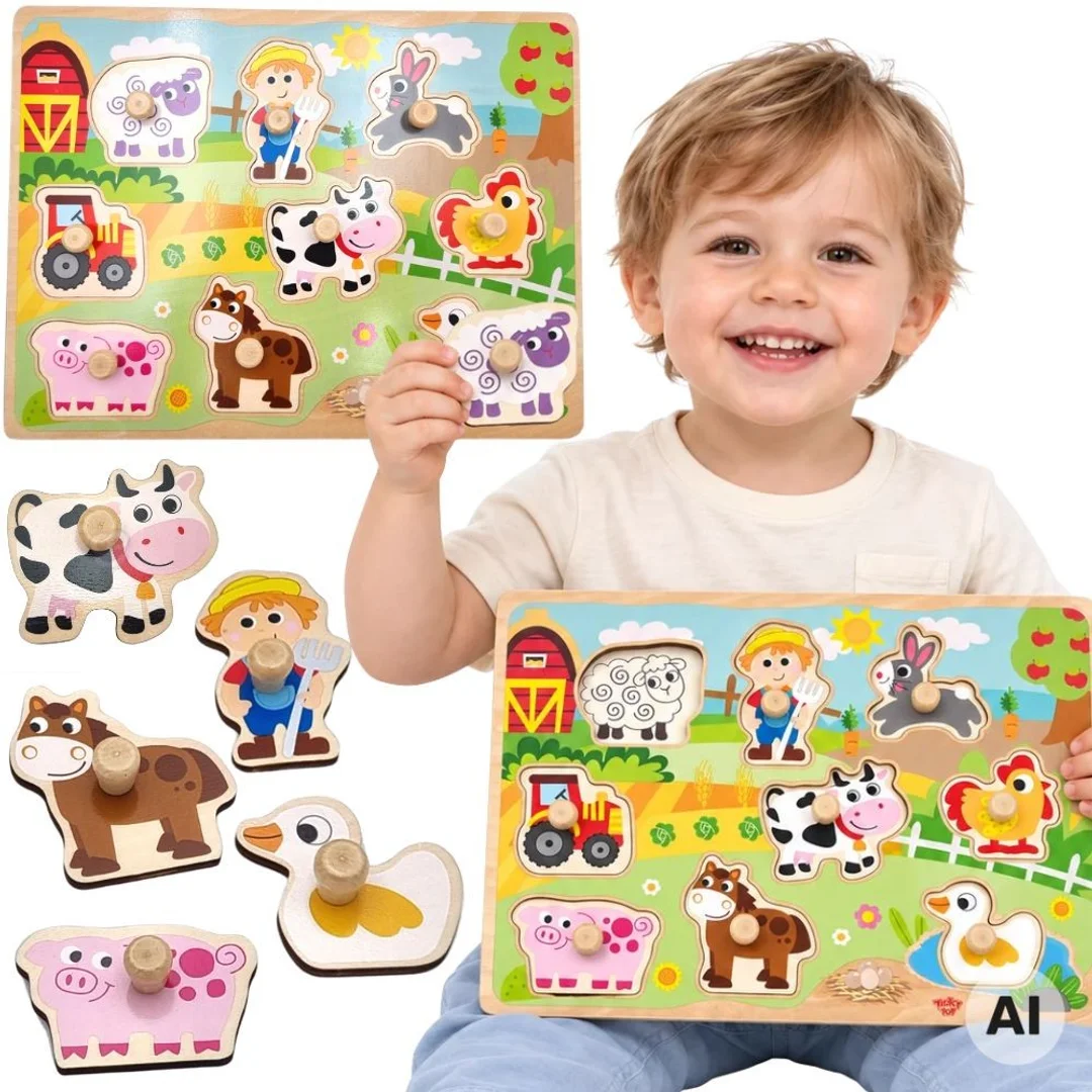 WOOPIE GREEN Drewniane Puzzle Montessori Farma z Pinezkami Do Dopasowania