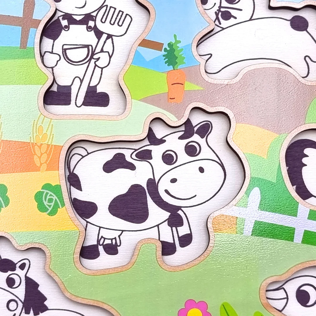 WOOPIE GREEN Drewniane Puzzle Montessori Farma z Pinezkami Do Dopasowania