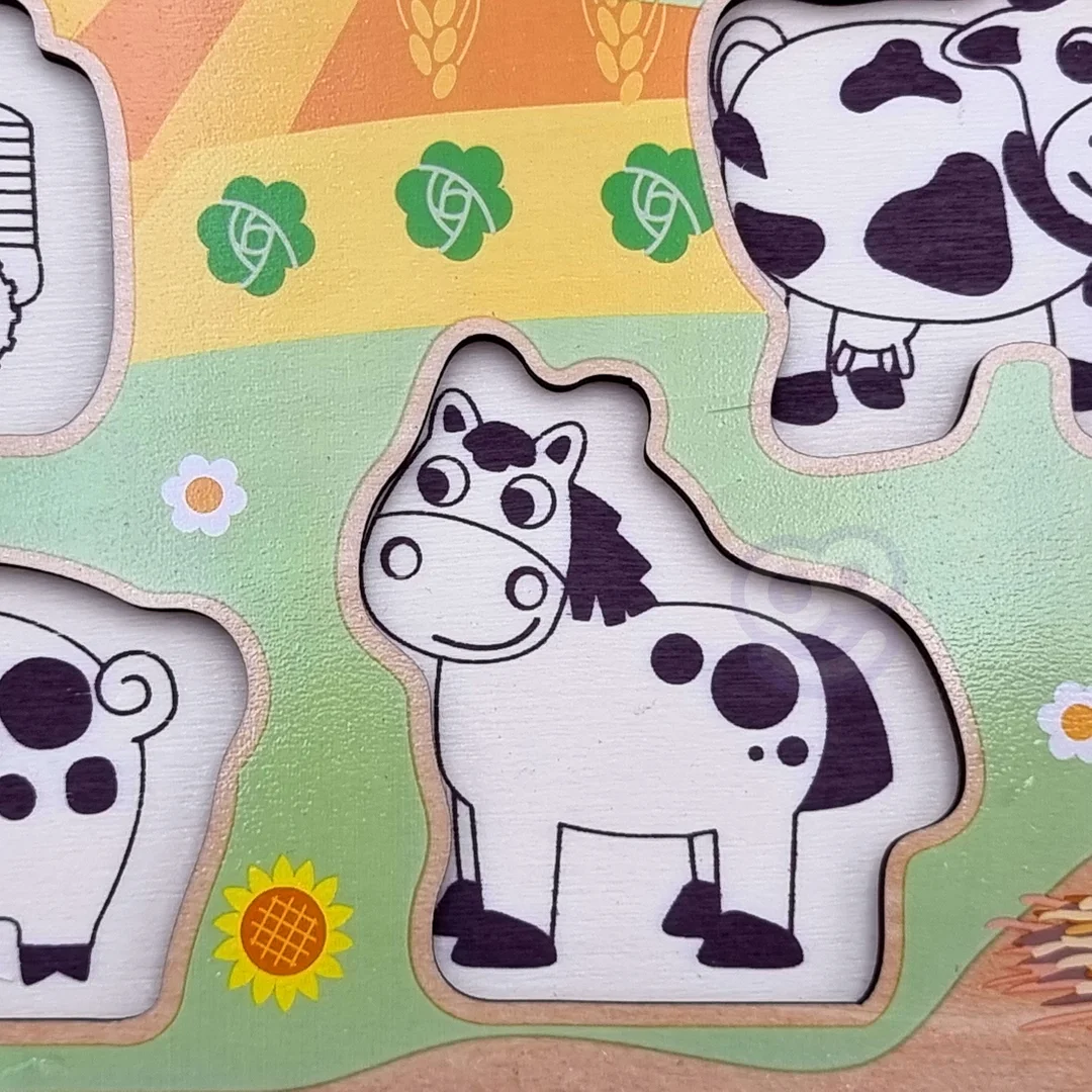 WOOPIE GREEN Drewniane Puzzle Montessori Farma z Pinezkami Do Dopasowania