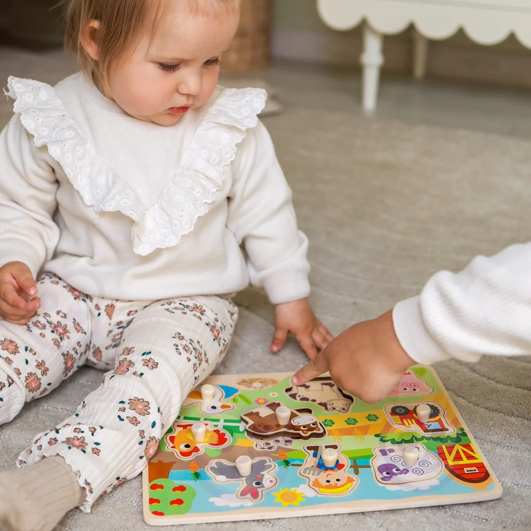 WOOPIE GREEN Drewniane Puzzle Montessori Farma z Pinezkami Do Dopasowania