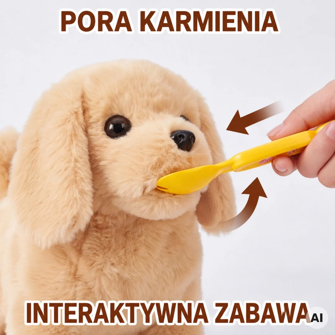 WOOPIE Interaktywny Brązowy Piesek na Smyczy z Akcesoriami