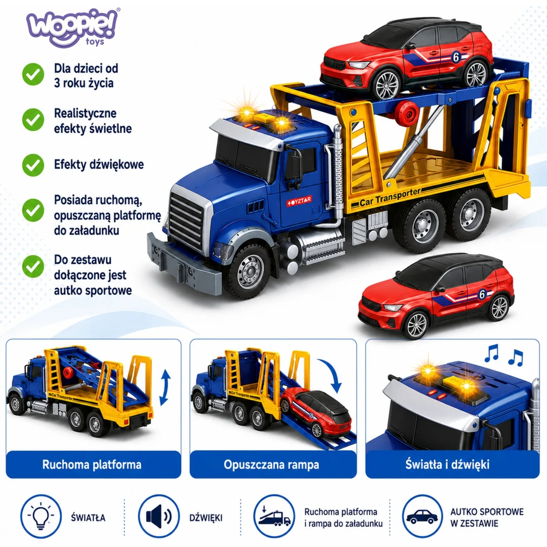 WOOPIE Laweta Ciężarówka Transporter Z Autkiem Światło Dźwięk