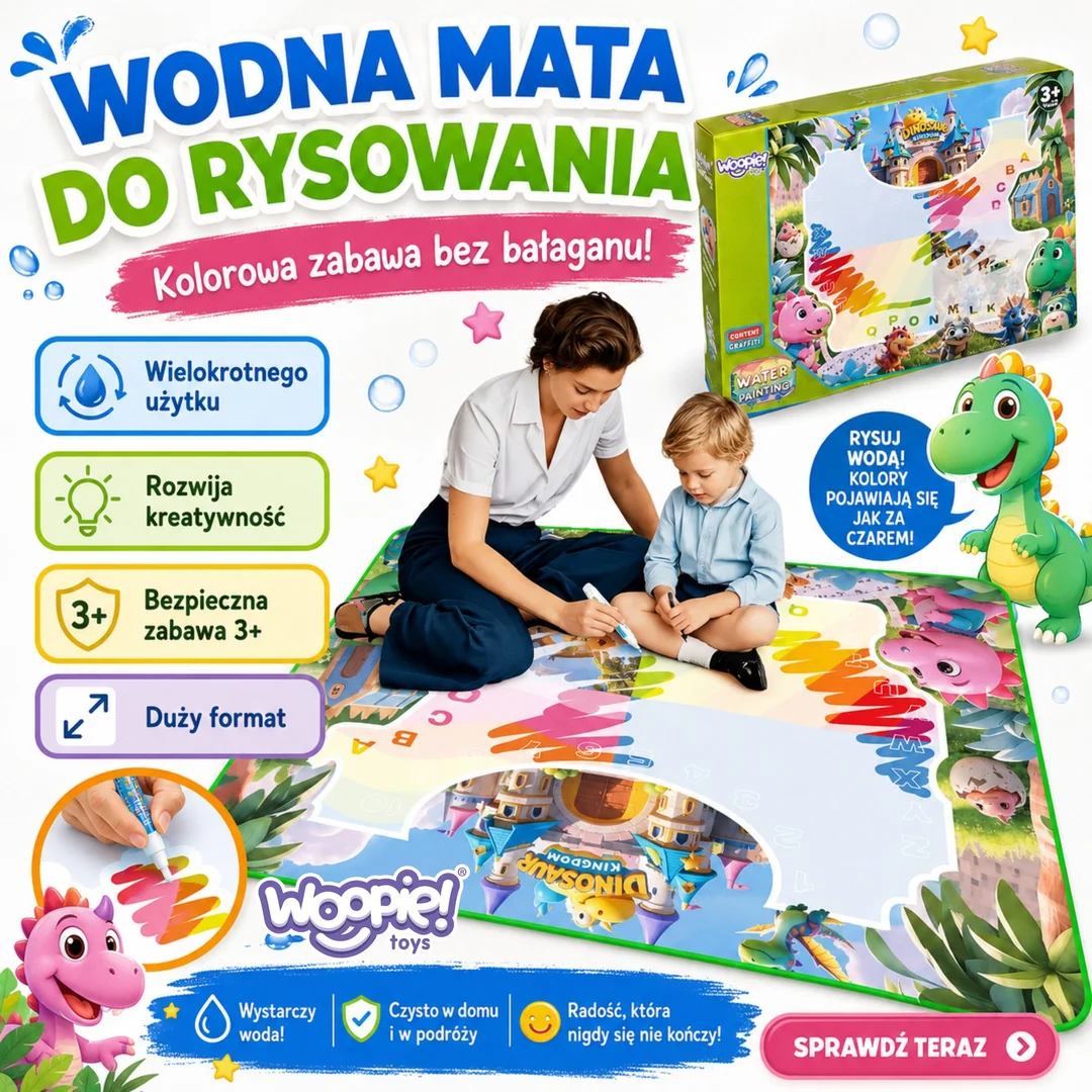 WOOPIE Mata Wodna do Malowania dla Dzieci z Dinozaurami Akcesoria