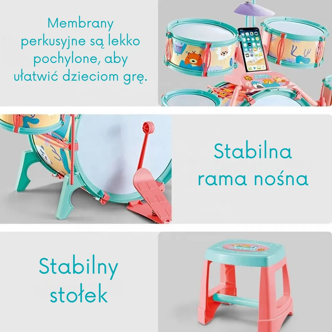 WOOPIE Perkusja Edukacyjna dla Talerz Taboret z Motywem Zwierzątek