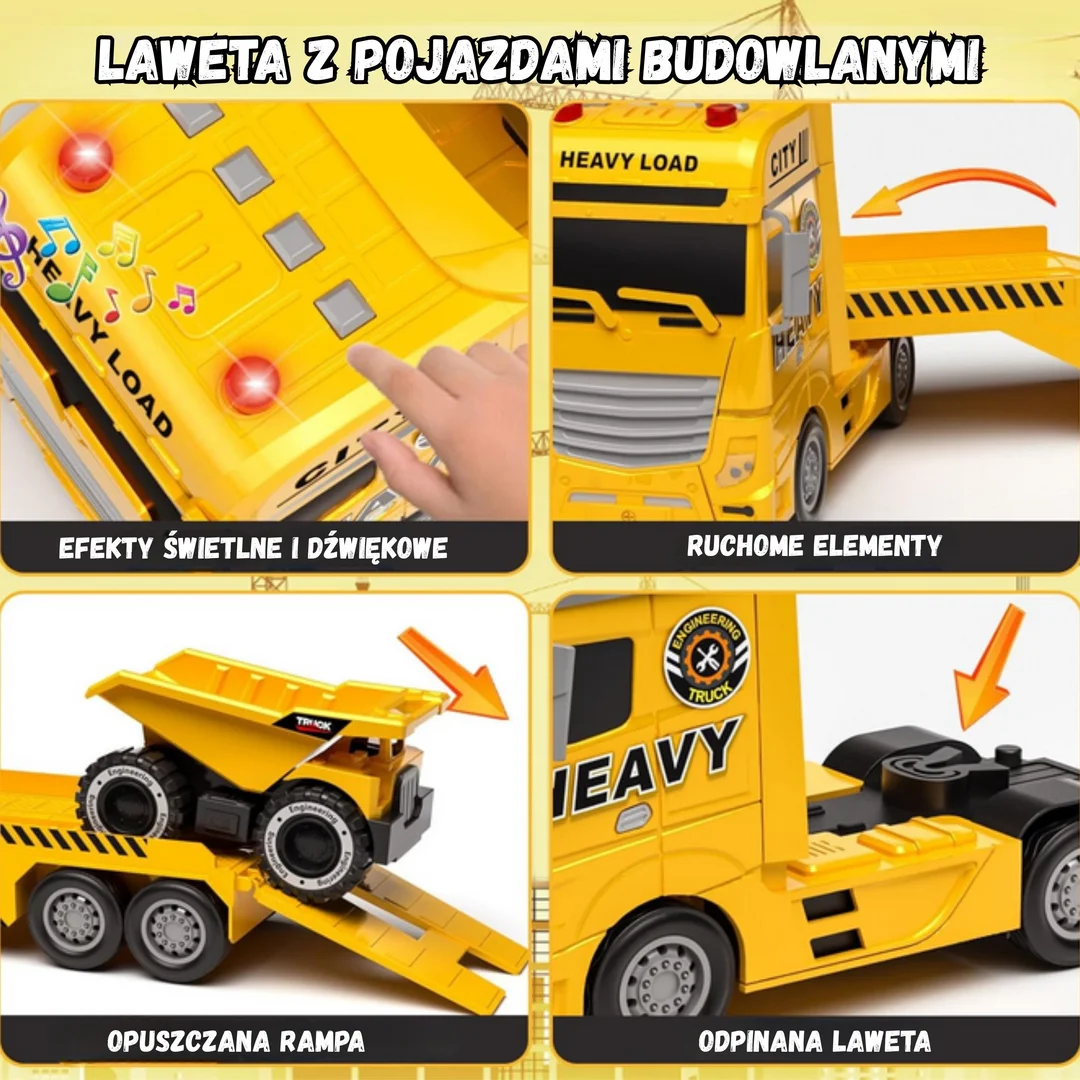 WOOPIE Samochód Laweta z Pojazdami Budowlanymi