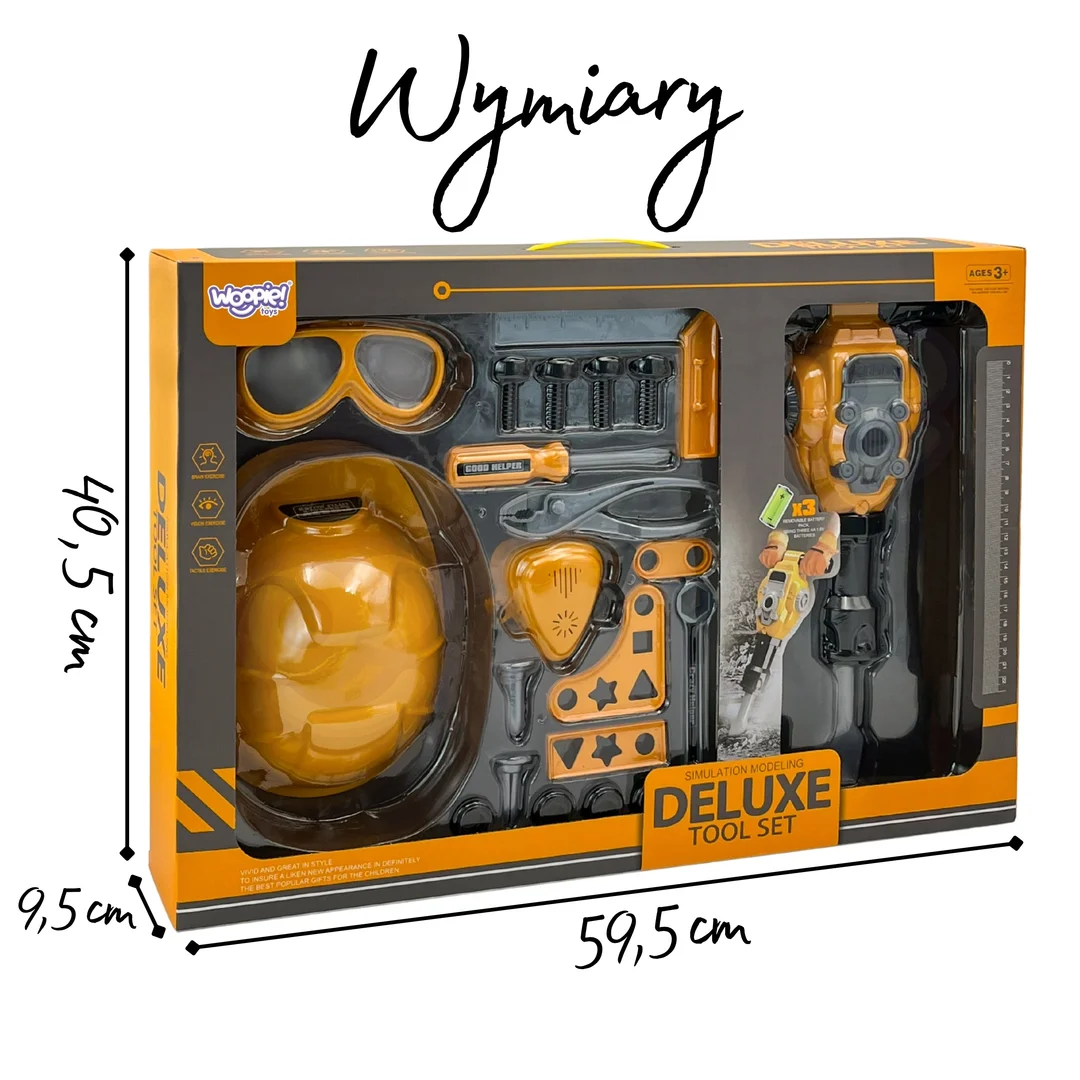 WOOPIE Zestaw Narzędzi Małego Majsterkowicza Gogle Kask Młot Pneumatyczny