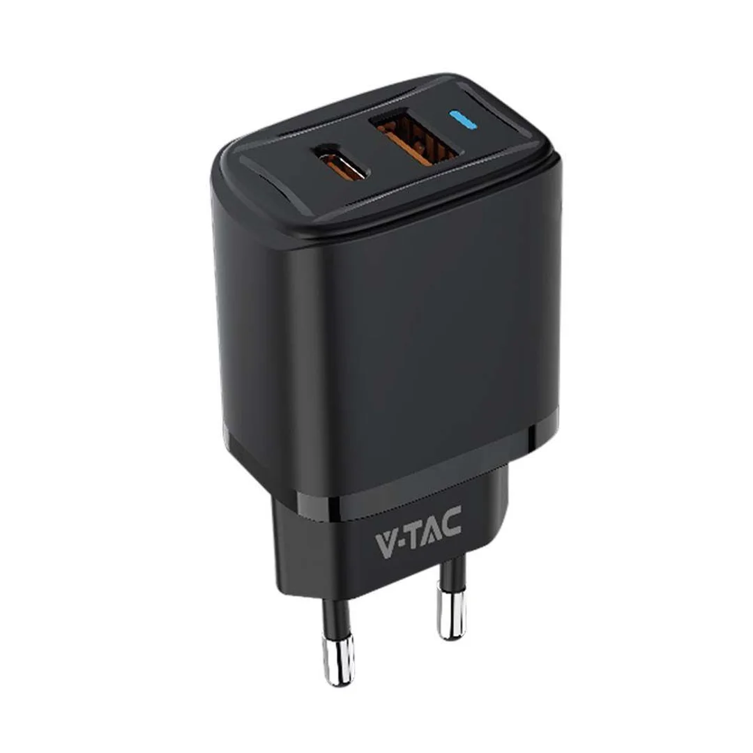 Ładowarka USB V-TAC szybka 20W czarna mini dual USB type-A type-C VT-3530
