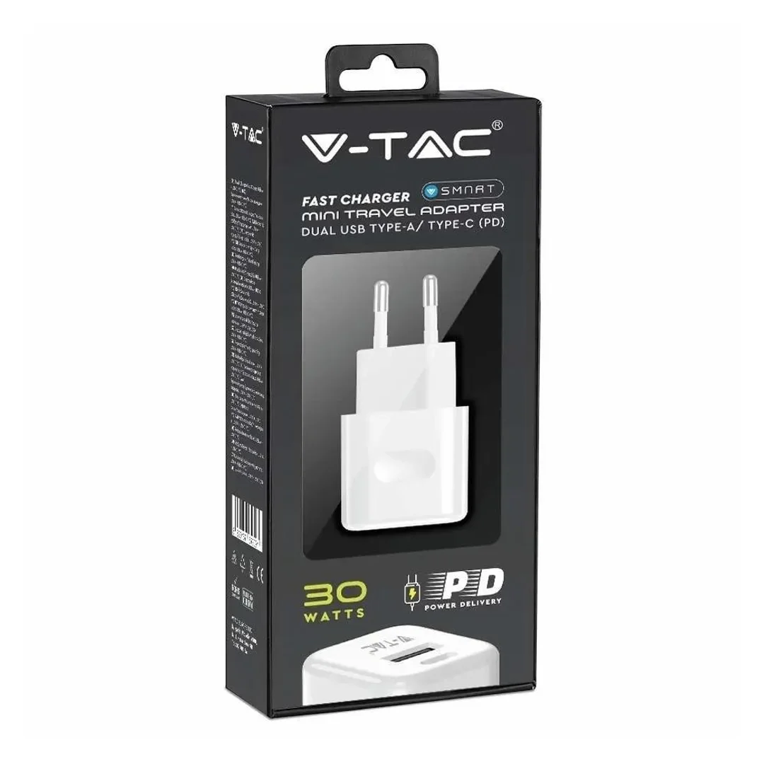 Ładowarka USB V-TAC szybka 30W biała mini dual USB type-A type-C VT-5330-W - 5