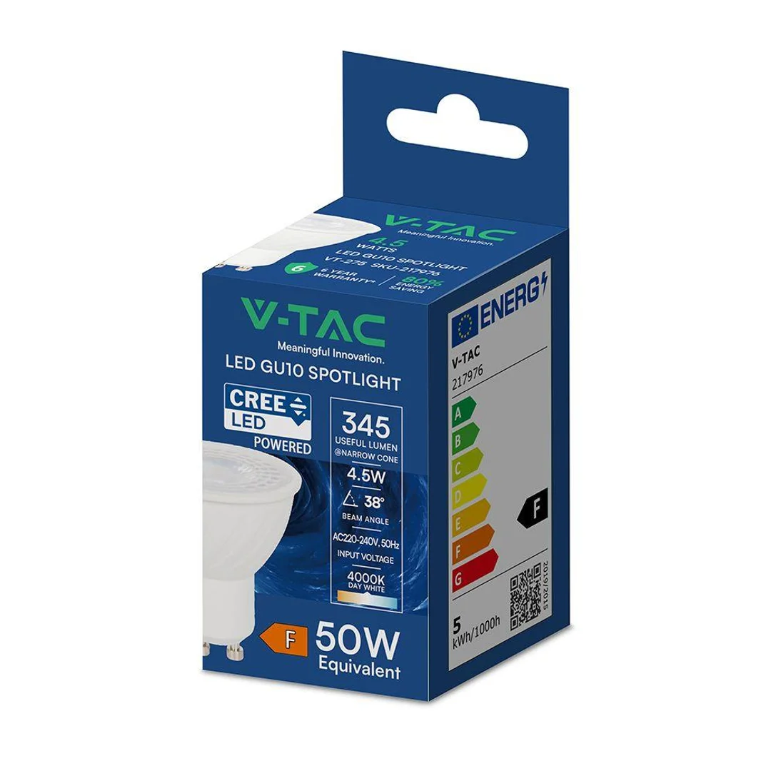 Żarówka LED V-TAC CREE CHIP 4,5W GU10 38st VT-275 4000K 345lm 6 lat gwarancji