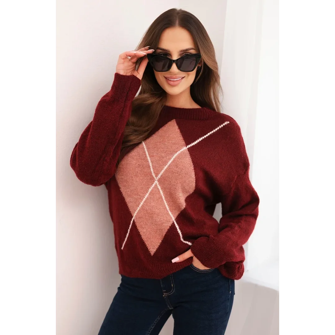 Sweter damski w geometryczny wzór z domieszką wełny i alpaki bordowy
