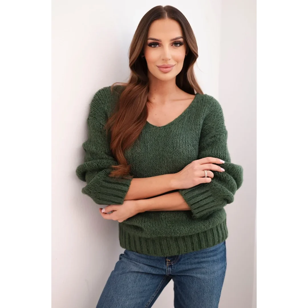 Sweter damski z domieszką wełny z dekoltem V khaki