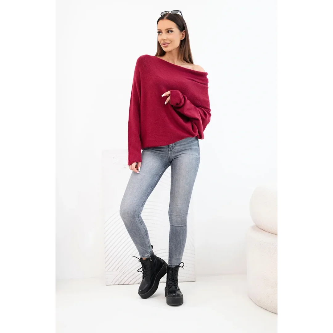 Sweter damski wiskozowy asymetryczny typu nietoperz bordowy