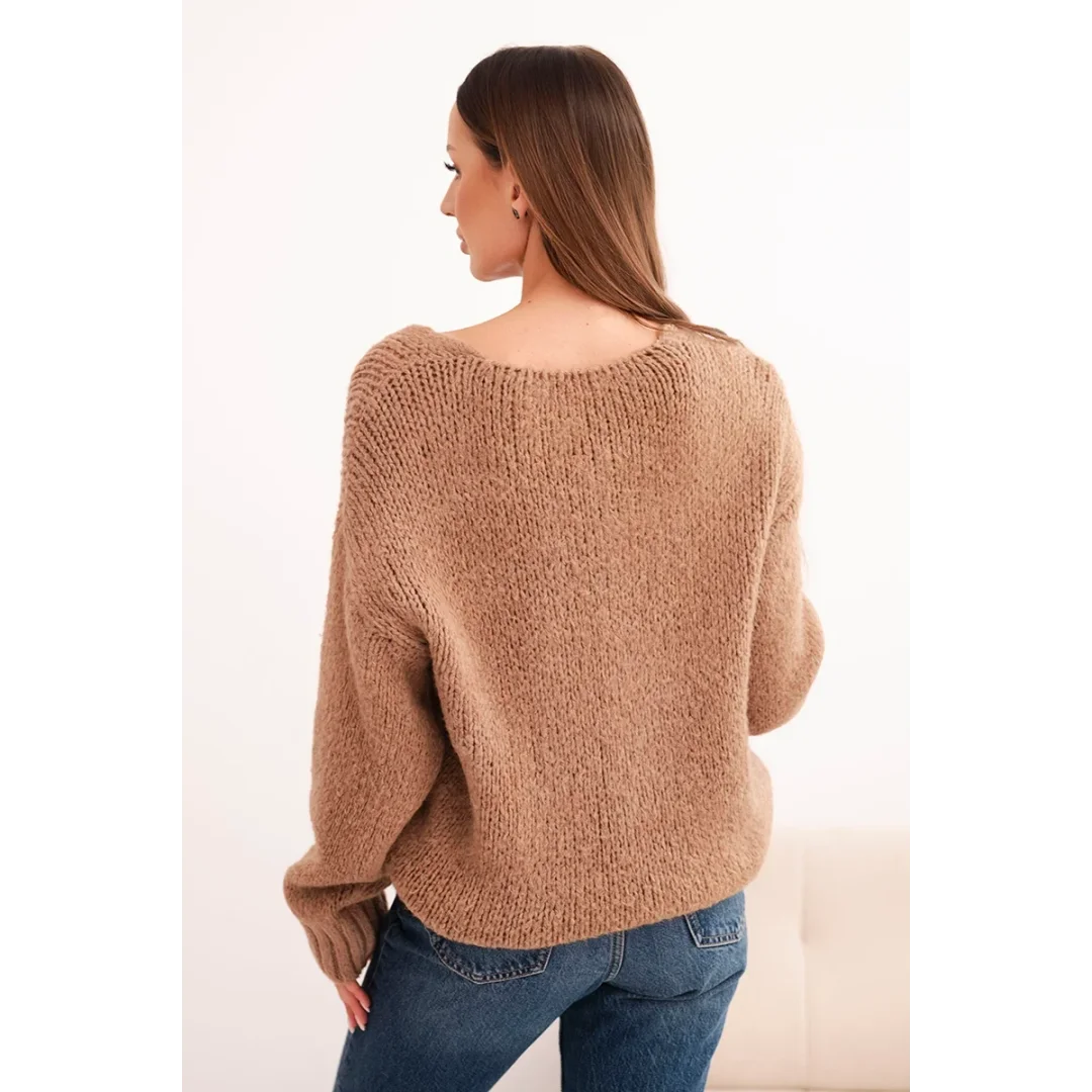 Sweter damski z domieszką wełny z dekoltem V camelowy