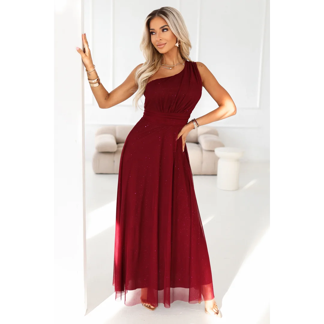 656-1 Długa błyszcząca suknia wieczorowa na jedno ramię - burgund