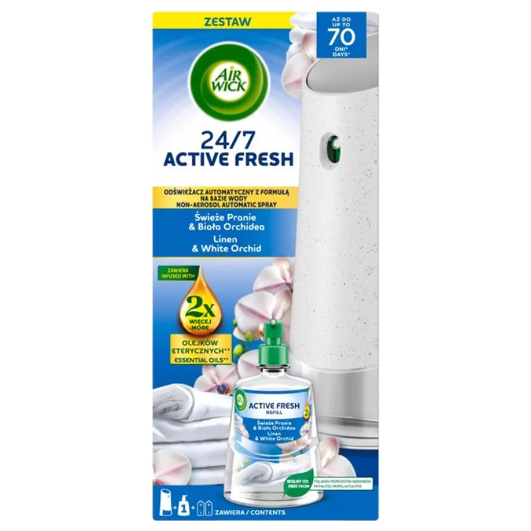 Air Wick Active Fresh – Automatyczny odświeżacz powietrza z wkładem Świeże Pranie i Biała Orchidea 228 ml