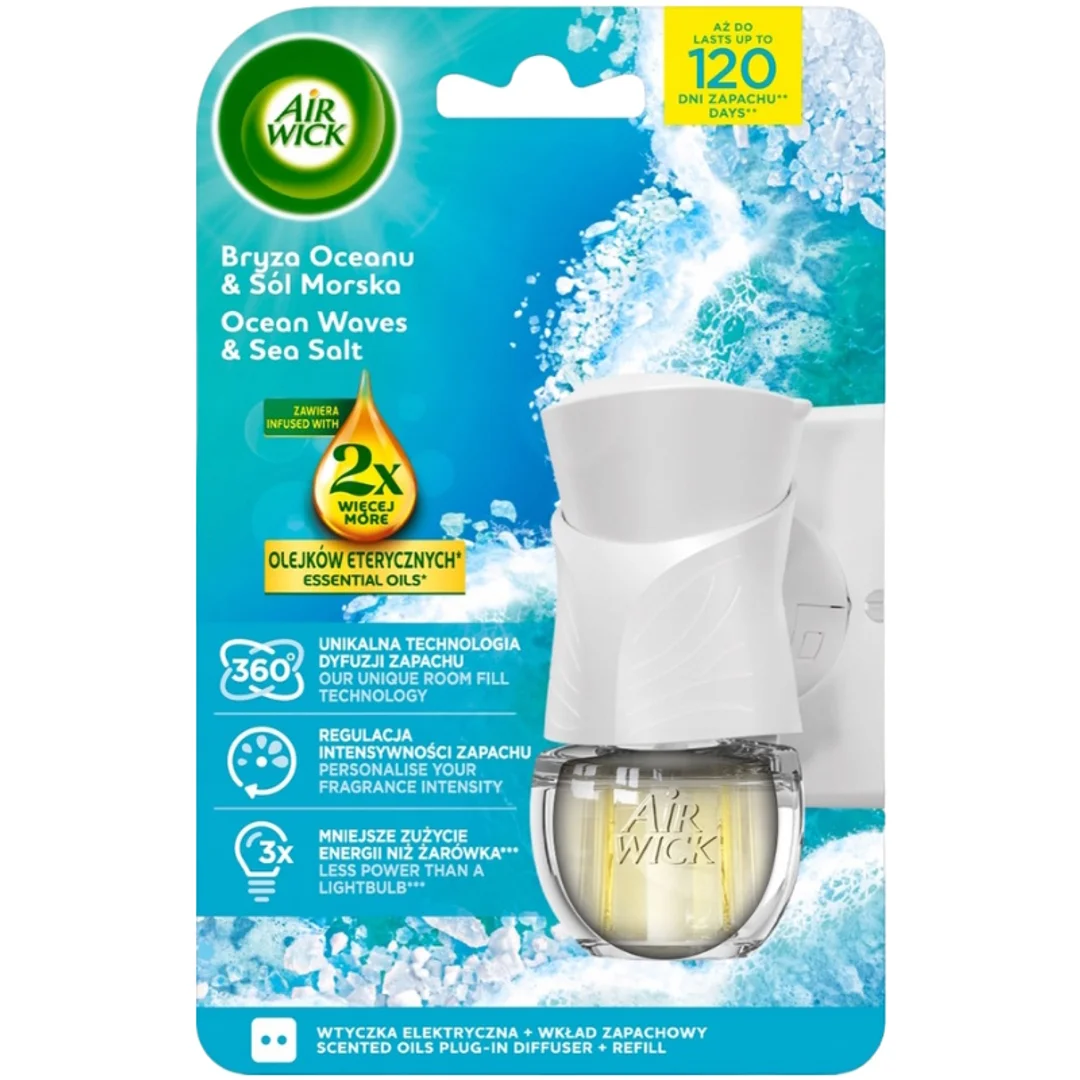 Air Wick Essential Oils - Elektryczny odświeżacz + wkład 19 ml - Bryza Oceanu & Sól Morska