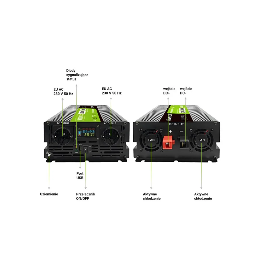 Green Cell przetwornica LCD 24V/230V 3000W/6000W czysty sinus INVGC24P3000LCD