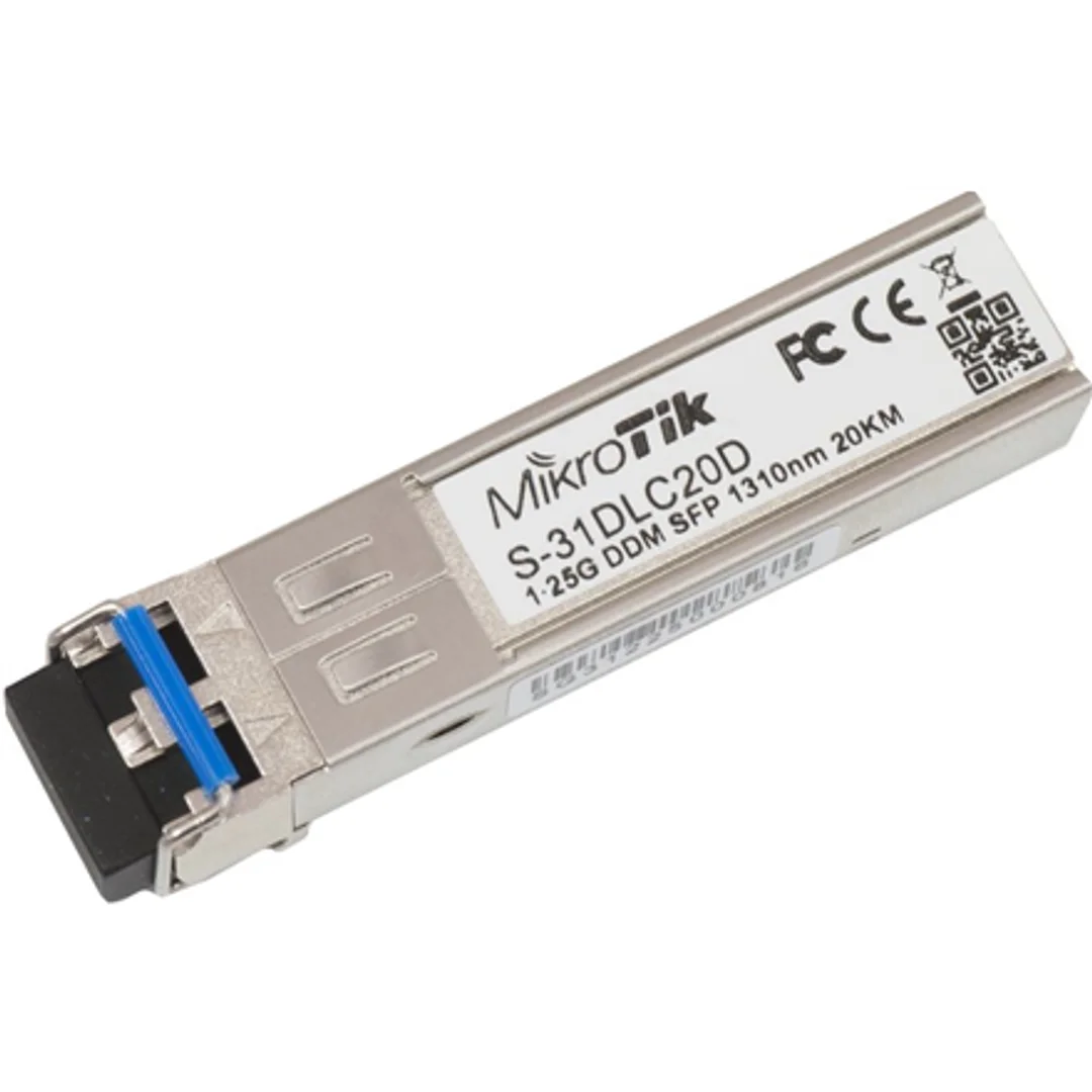 MikroTik | S-31DLC20D | SFP | Włókno jednomodowe | Dual LC | 10/100/1000 Mbit/s | Długość fali 1310 nm | Maksymalna odległość przesyłania 20000 m | -40 do +70°C | Gwarancja 12 miesięcy