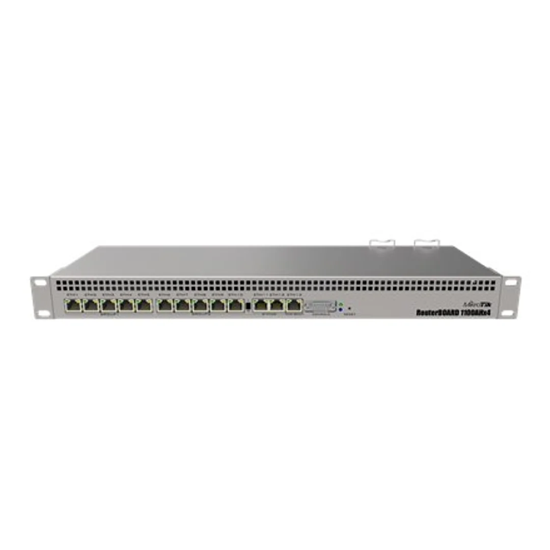 Mikrotik Wired Ethernet Router RB1100x4, 1U Rackmount, Quad core 1.4GHz CPU, 1 GB RAM, 128 MB, 13xGigabit LAN, 1xSerial console port RS232, PCB Temperature and Voltage Monitor, IP20, RouterOS L6 Mikro