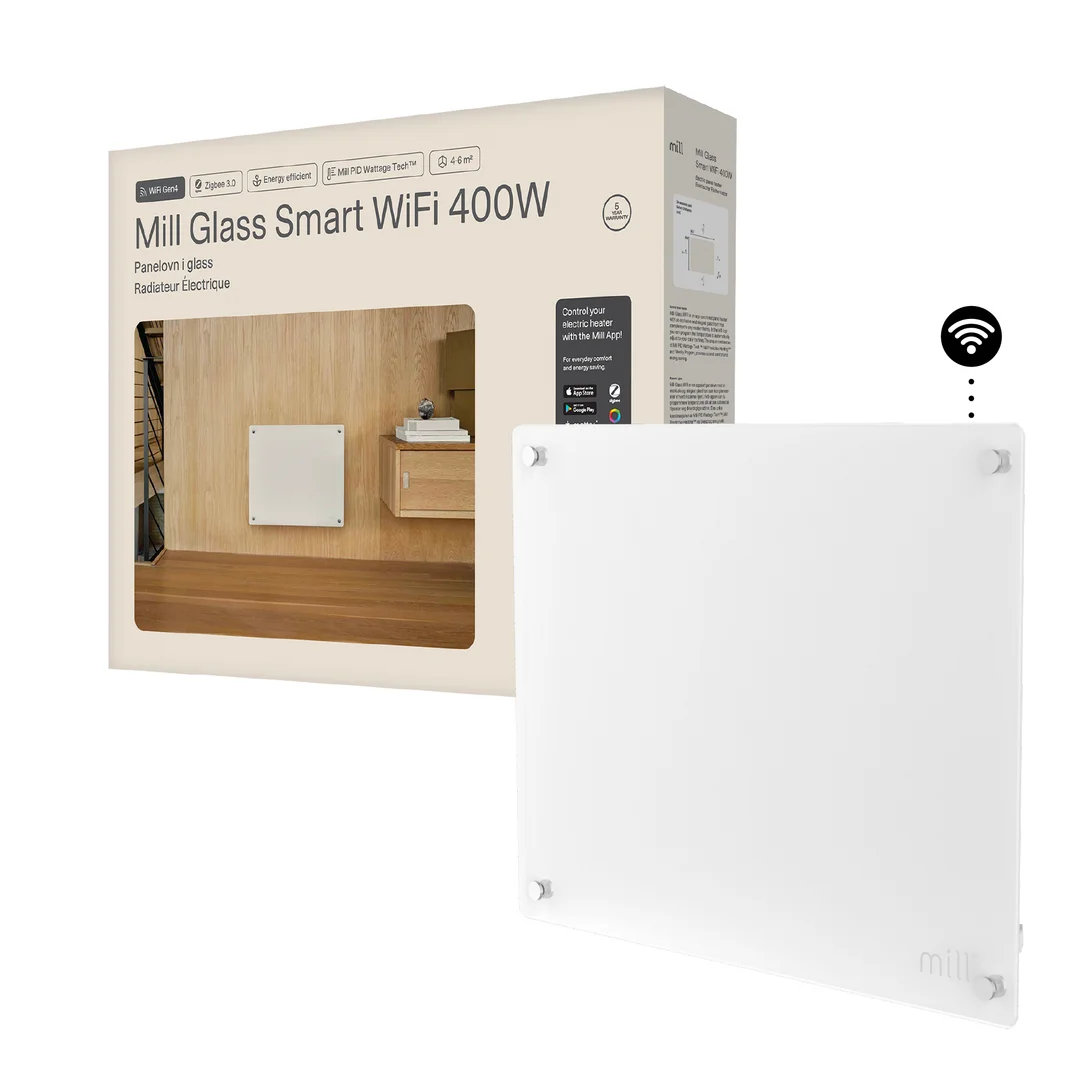 Mill Glass – inteligentny grzejnik panelowy WiFi, generacja 4 | GL400WIFI4 | Grzejnik panelowy | 400 W | Przeznaczony do pomieszczeń o powierzchni do 4–6 m² | Biały | IPX4